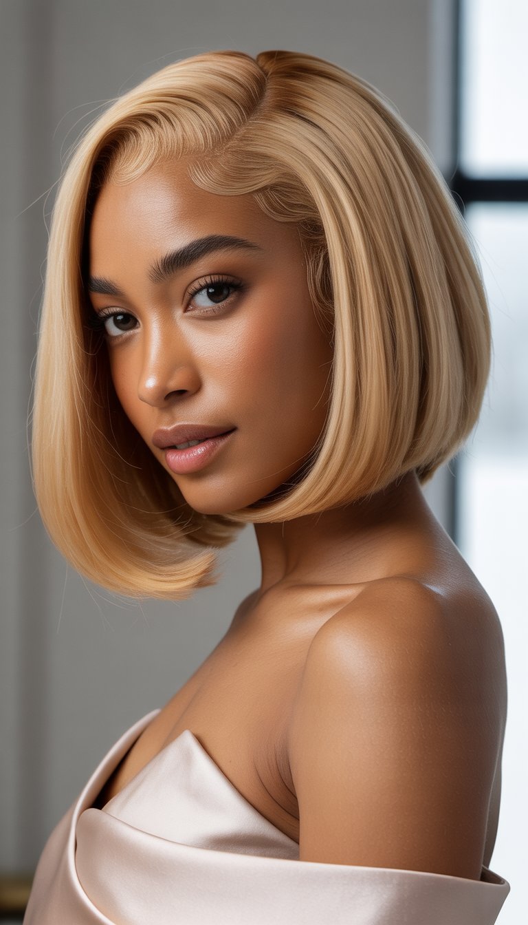 A Black woman with a honey blonde blunt bob hairstyle posing against a neutral background.