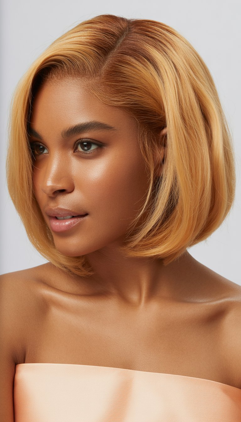 A Black woman with a short honey blonde bob hairstyle with copper gold highlights, smiling against a plain background.
