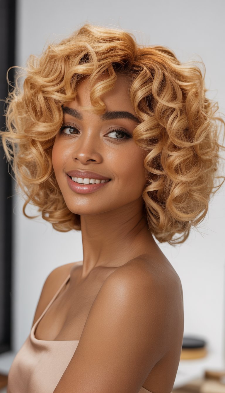 A Black woman with a voluminous curly bob hairstyle is smiling softly in a studio setting.