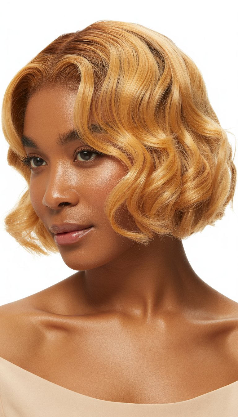 Portrait of a Black woman with a honey blonde bob hairstyle and soft waves, looking confidently at the camera against a plain background.