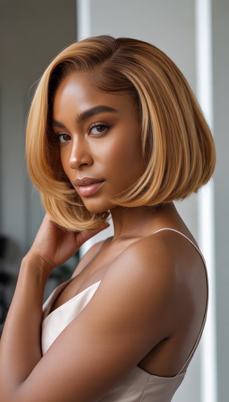 A Black woman with a honey blonde bob hairstyle posing against a neutral background.