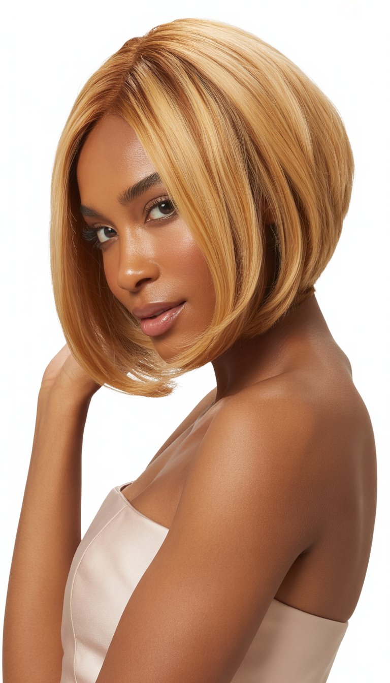 A Black woman with an asymmetric honey blonde bob hairstyle posing in a studio with a neutral background.