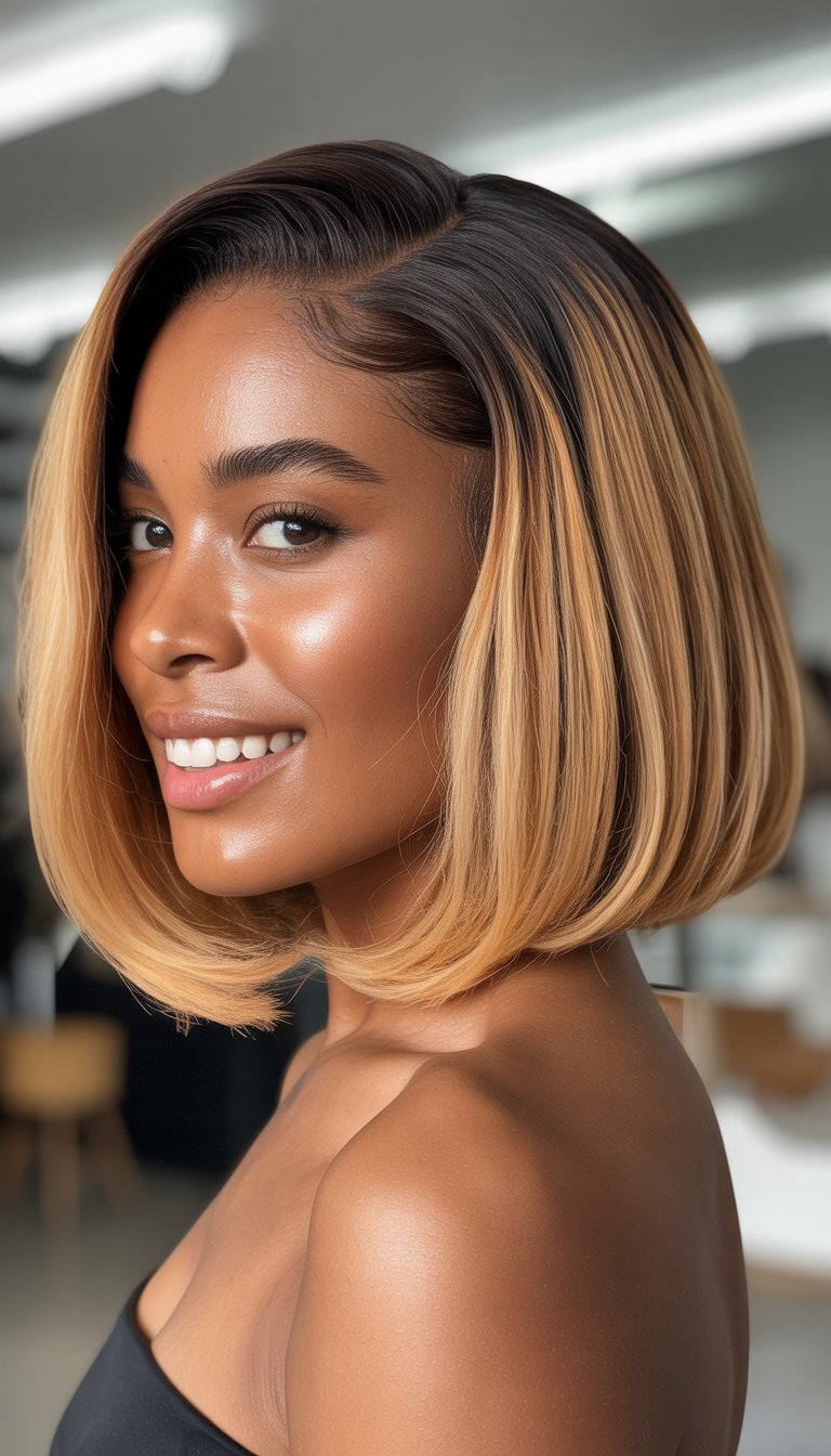 A Black woman with a honey blonde bob hairstyle smiling against a neutral background.