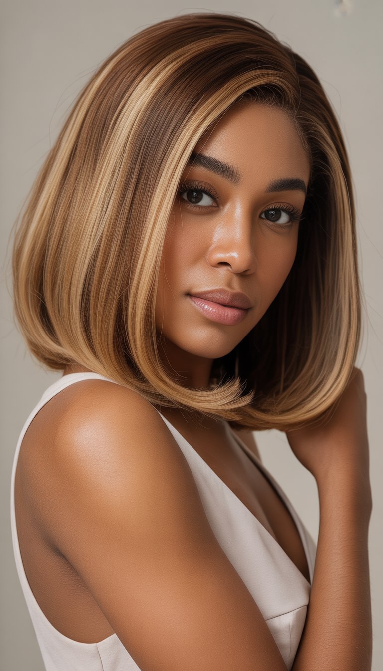A Black woman with a honey blonde bob hairstyle posing against a neutral background.