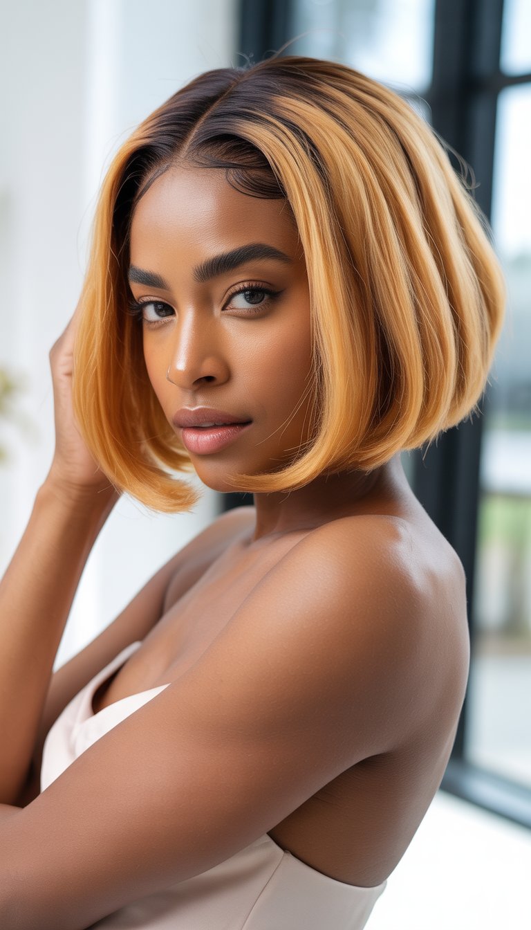 A Black woman with a honey blonde bob hairstyle featuring dark roots, posing confidently against a plain background.
