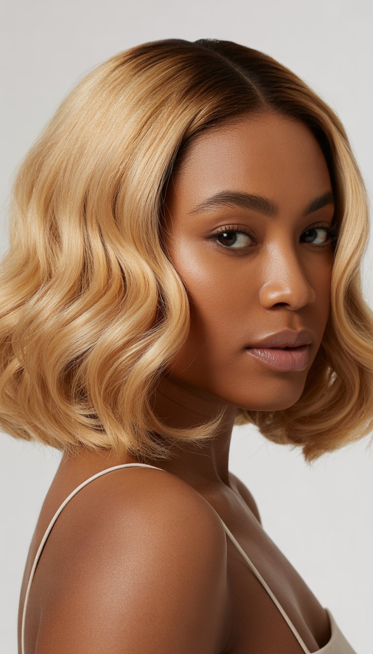 A black woman with a wavy honey blonde bob hairstyle parted in the middle, looking confidently at the camera against a neutral background.