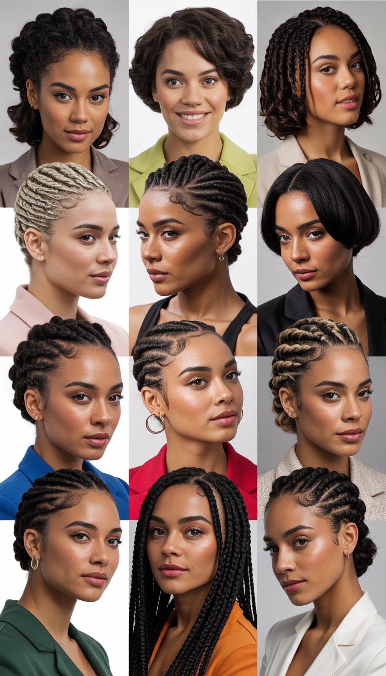 A group of Black women with different short braided hairstyles posing together in a studio with a neutral background.