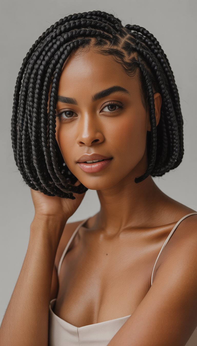A Black woman with short braided hair posing confidently against a plain background.
