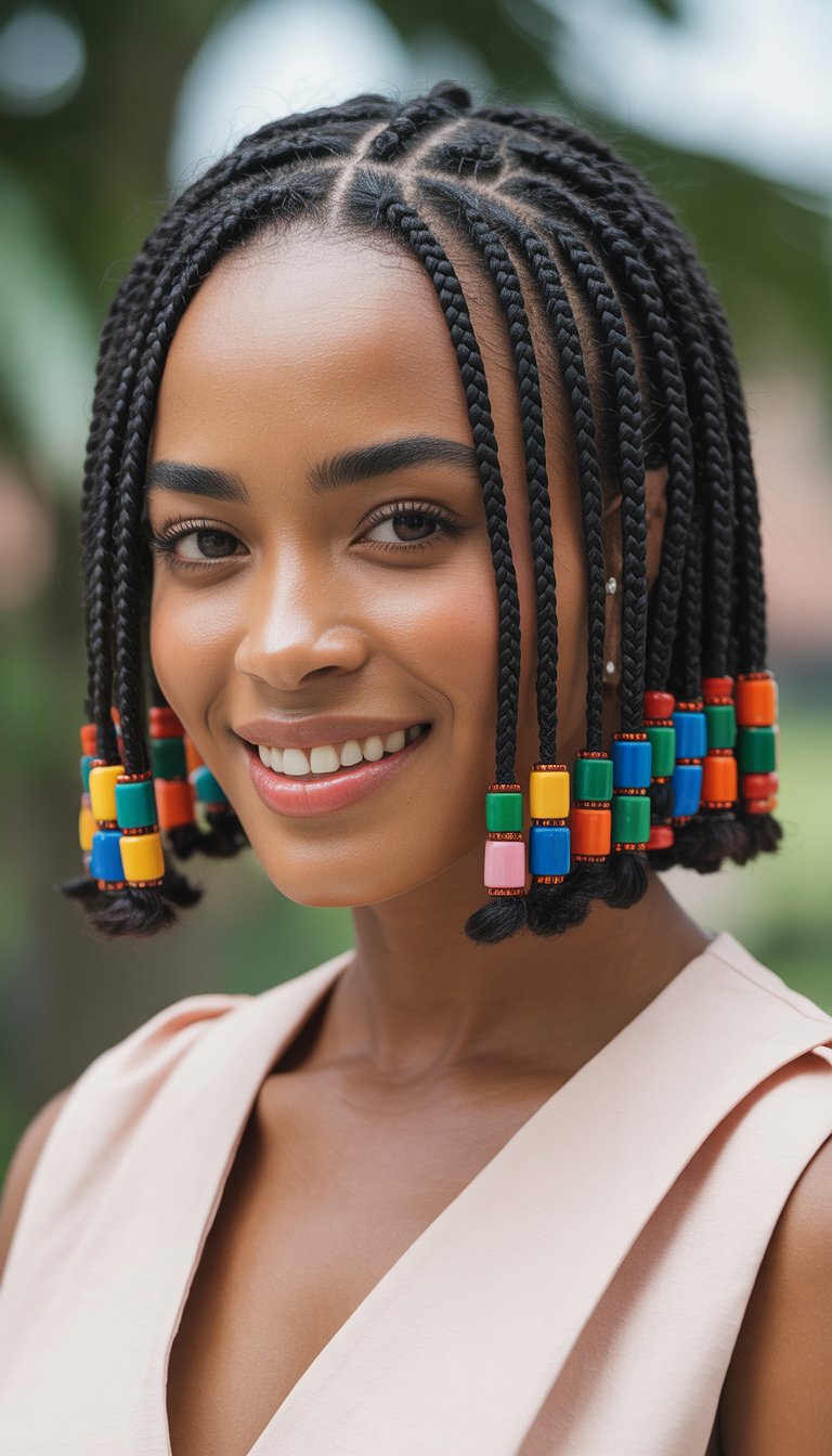 A Black woman with short braided hair decorated with beads, smiling gently against a blurred background.