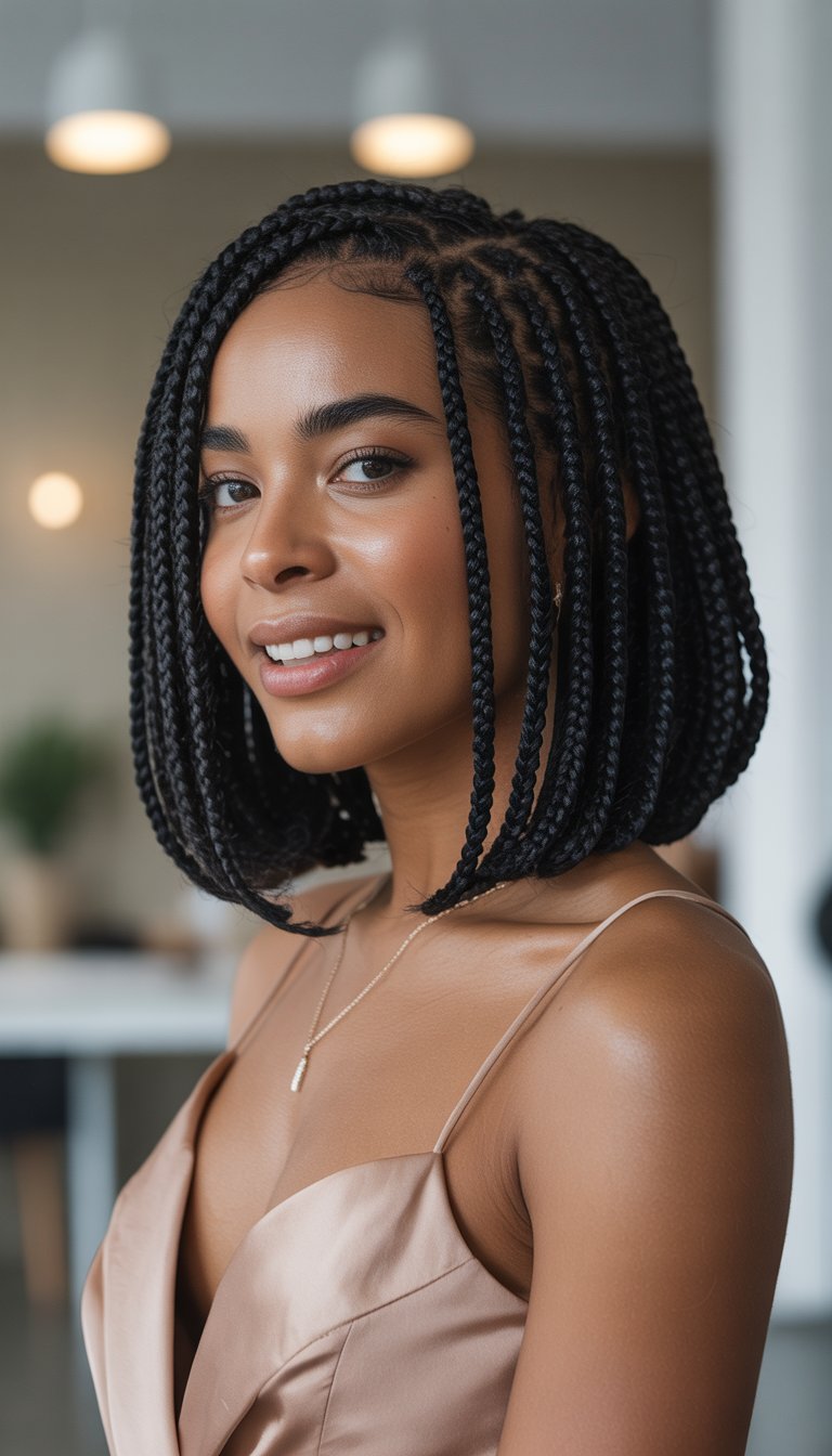 A Black woman with short braided hair smiling gently in a softly lit studio.