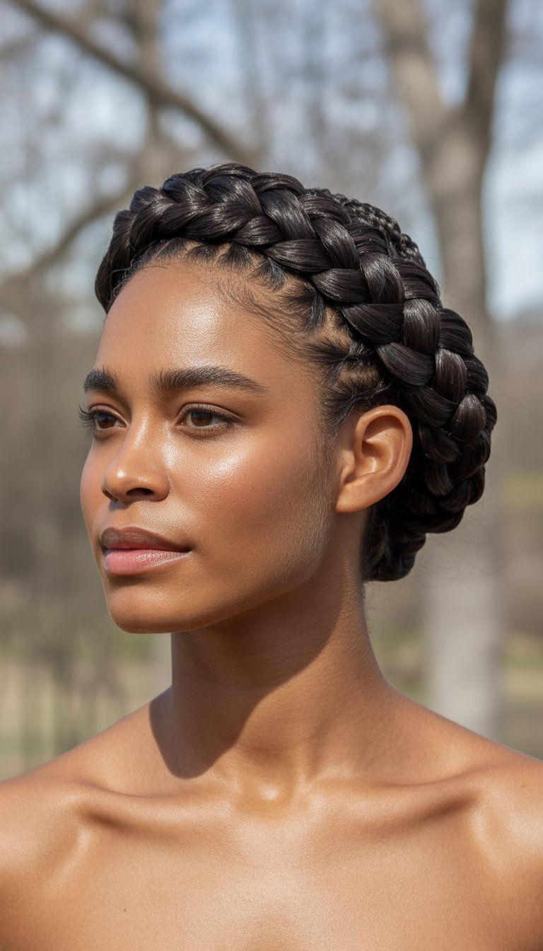 A Black woman with a braided crown hairstyle, smiling softly against a blurred neutral background.