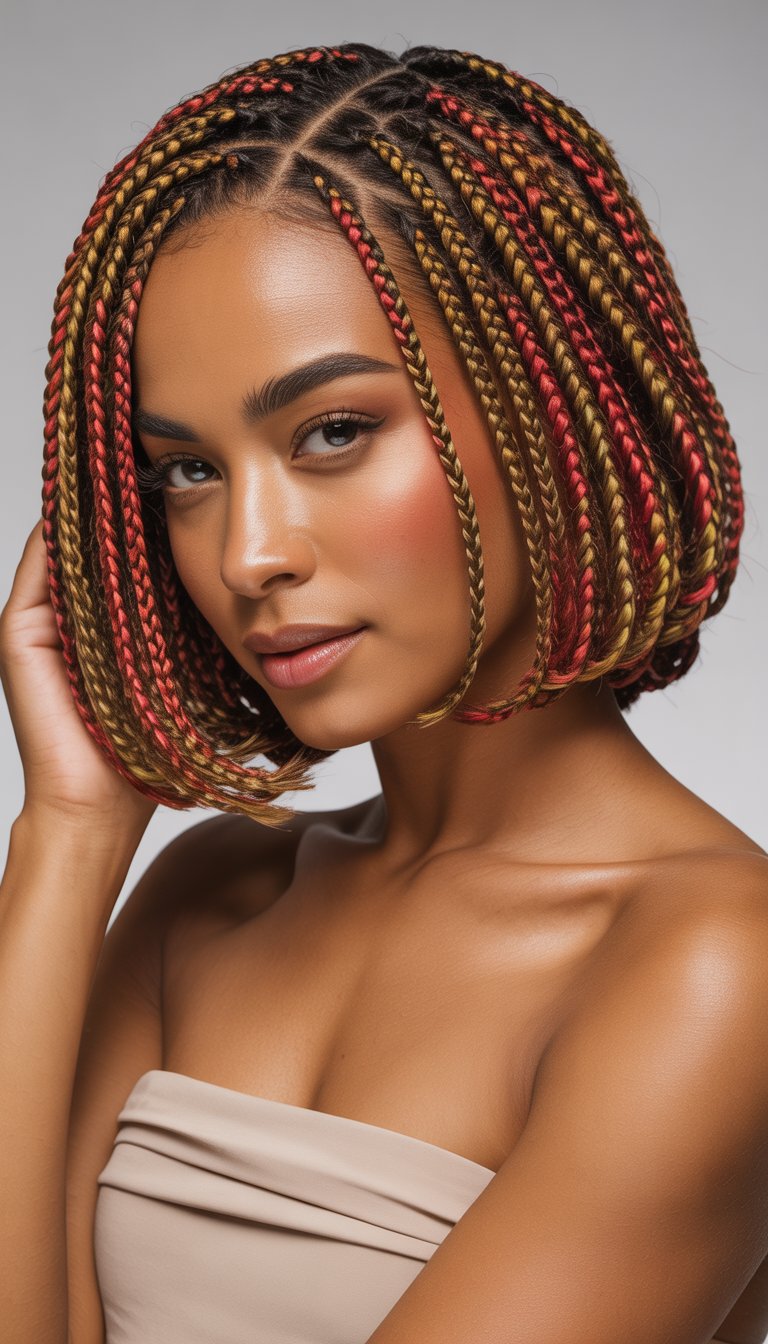 A Black woman with short braided hair featuring colorful highlights, smiling against a plain background.