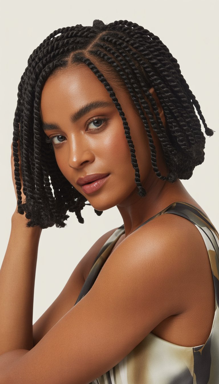 A Black woman with short twisted braids posing confidently against a neutral background.