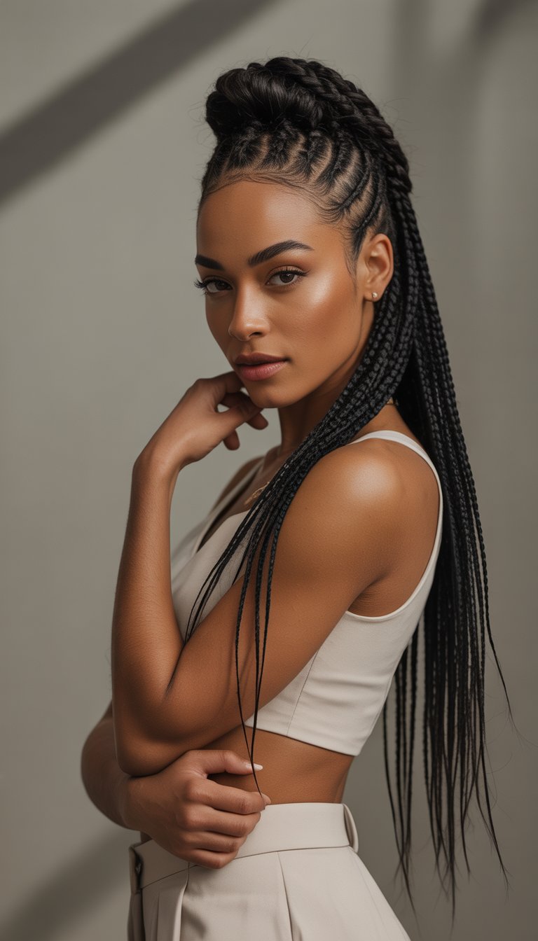 Portrait of a Black woman with a braided hairstyle, looking confidently at the camera against a plain background.