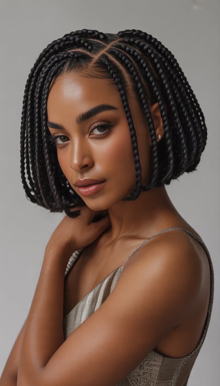 A Black woman with short braids posing against a plain background.