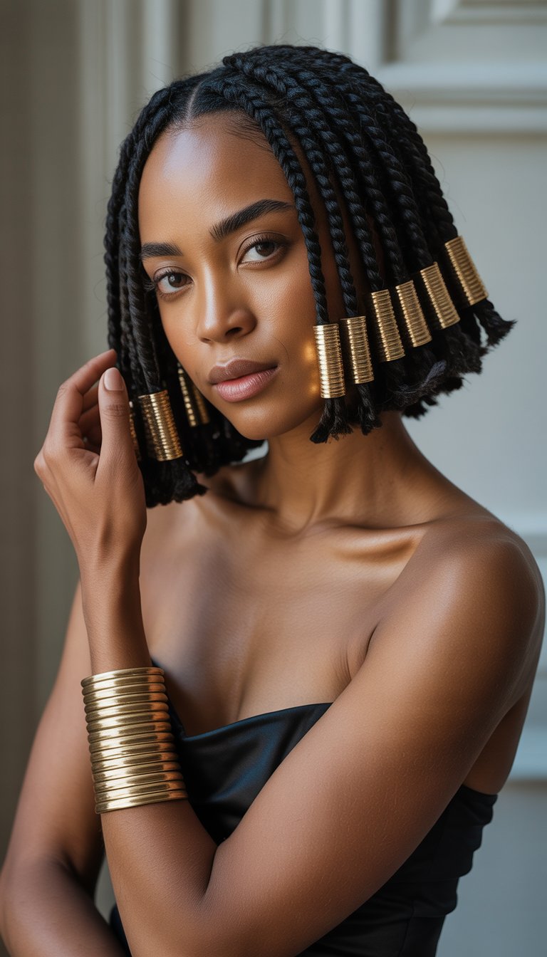 A Black woman with short braided hair decorated with golden cuffs, looking confidently at the camera against a plain background.
