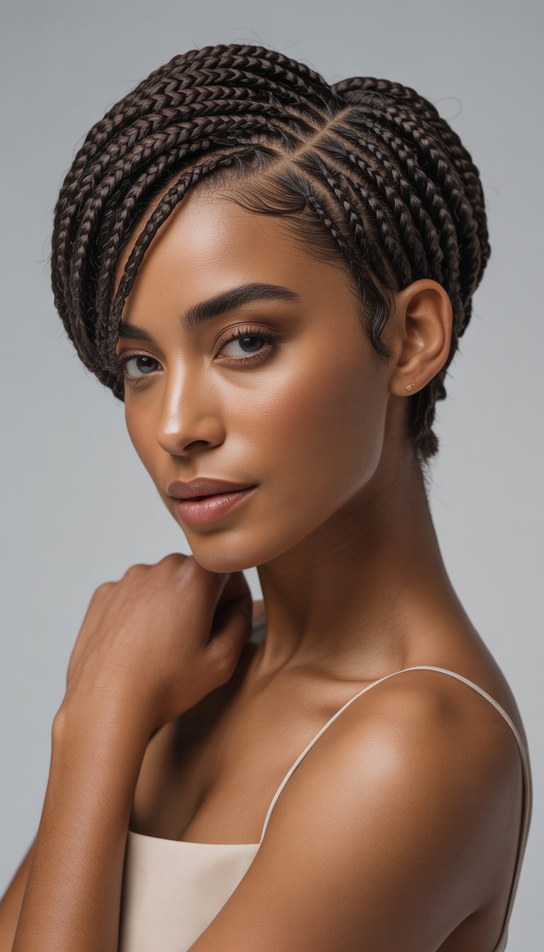 A Black woman with a short braided hairstyle, looking confidently at the camera against a neutral background.