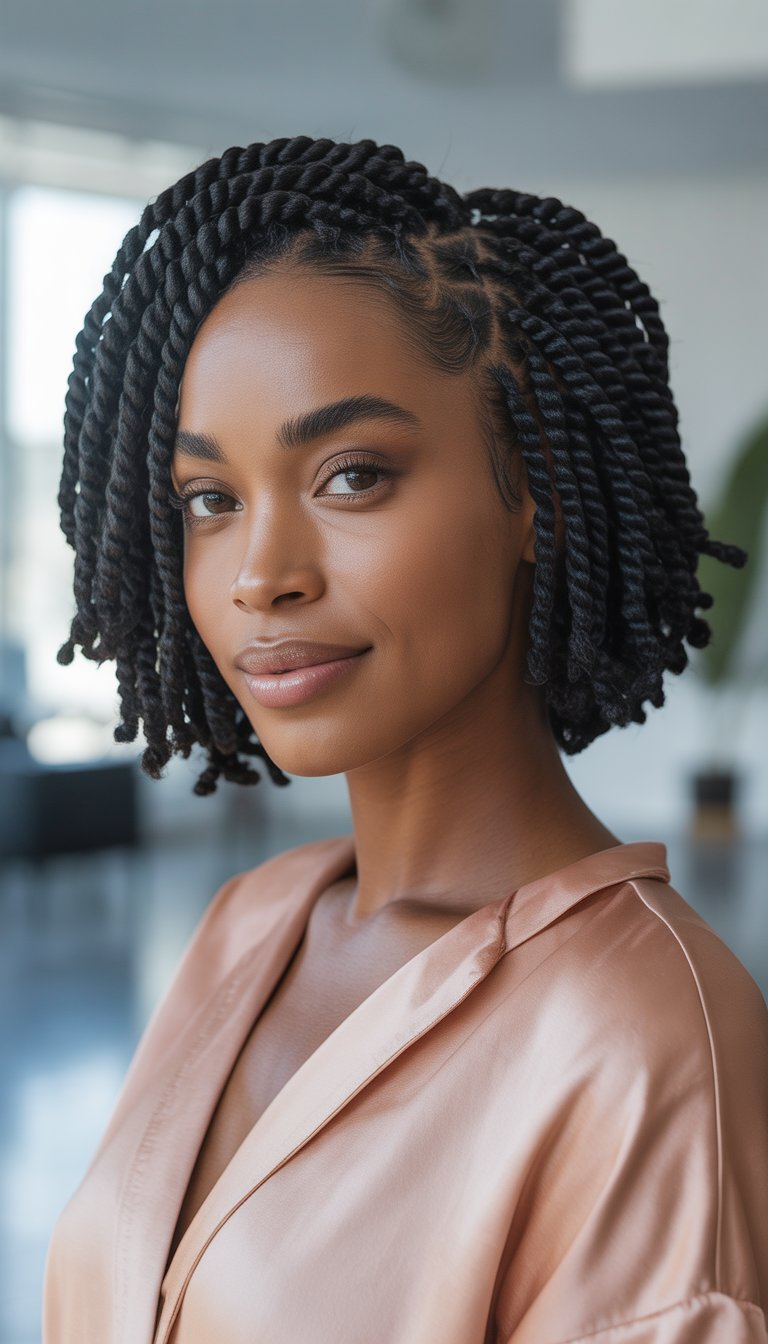 A Black woman with short braided hair smiling in a bright studio setting.