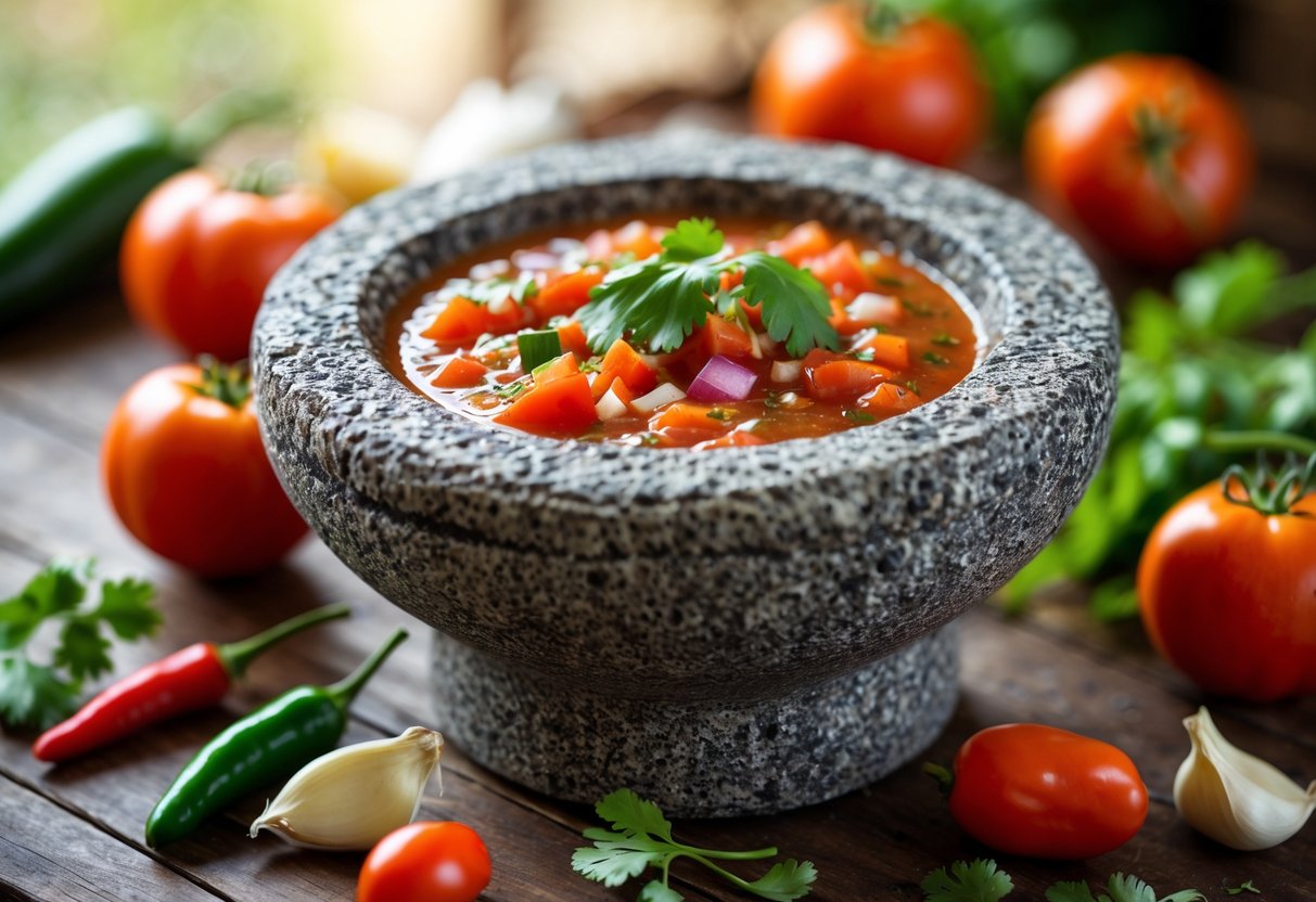 A stone molcajete bowl filled with red salsa surrounded by fresh tomatoes, chili peppers, garlic, and cilantro on a wooden table.