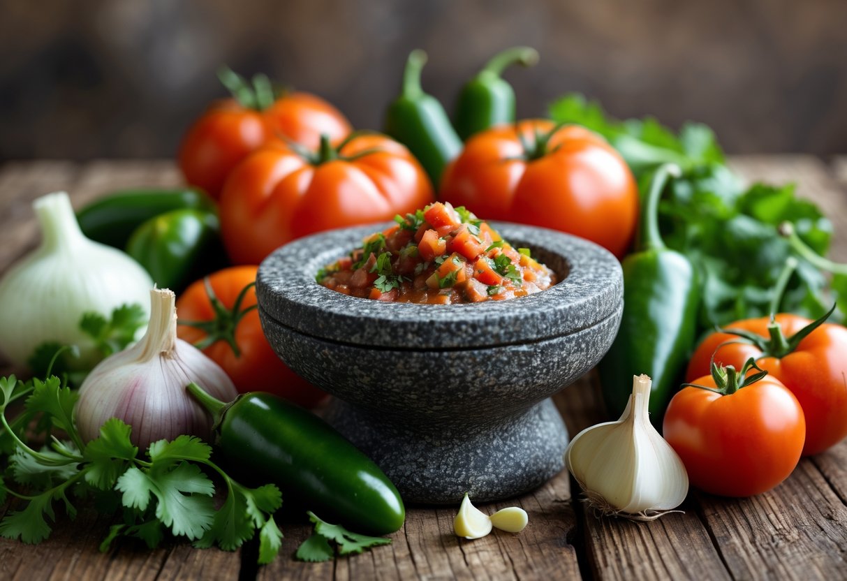 Fresh ingredients including tomatoes, jalape&ntilde;os, garlic, onions, cilantro, and a stone molcajete mortar and pestle with salsa on a wooden table.