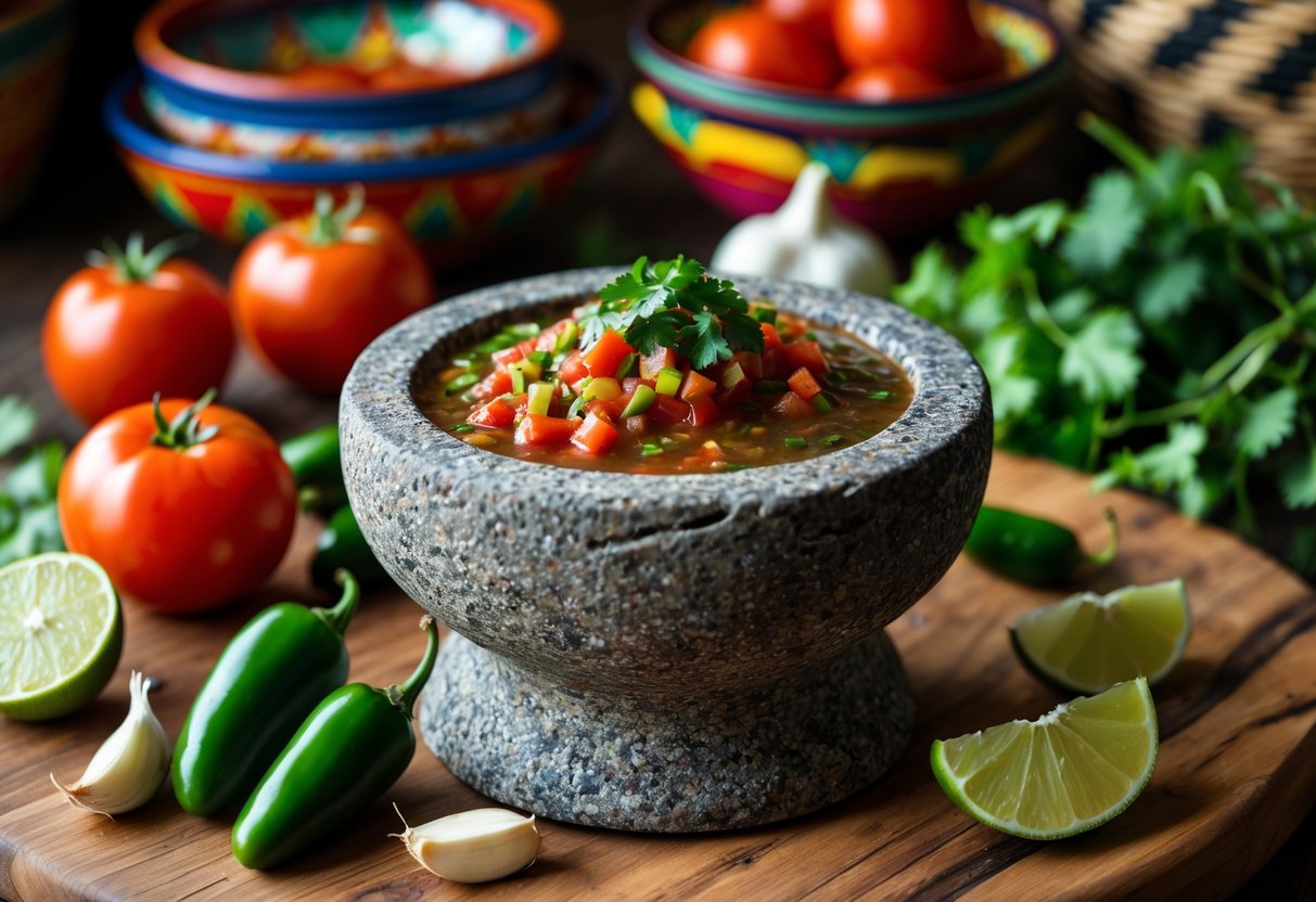 A molcajete filled with fresh salsa surrounded by tomatoes, chili peppers, garlic, lime wedges, and cilantro on a wooden countertop.