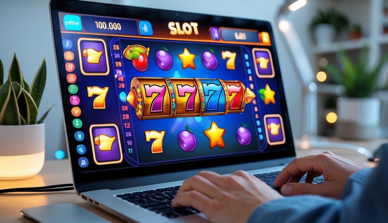 Seseorang sedang bermain permainan slot online di komputer di sebuah ruangan yang terang dan rapi.