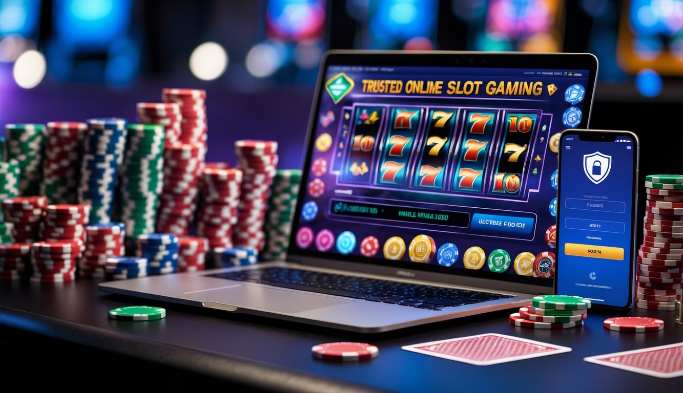 Sebuah meja kerja dengan laptop menampilkan permainan slot online, dikelilingi oleh chip poker dan kartu remi, menunjukkan pengalaman bermain slot online terpercaya.