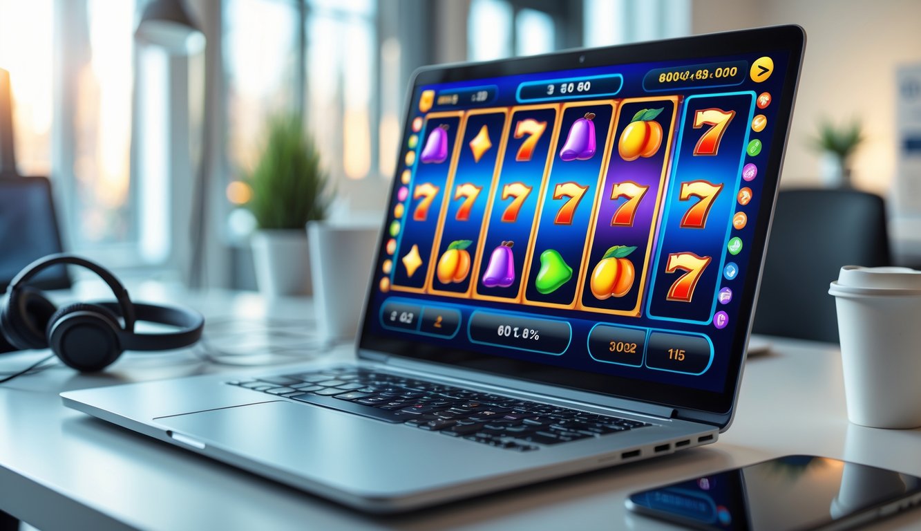 Seorang profesional menggunakan laptop dengan tampilan permainan slot online yang berwarna-warni di meja kerja yang rapi.