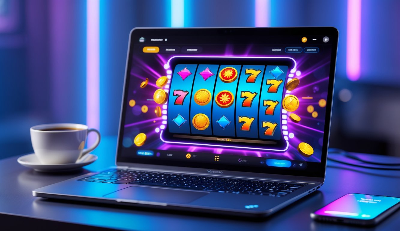 Seseorang menggunakan laptop dengan permainan slot online yang berwarna-warni di layar dalam suasana gaming yang modern dan nyaman.