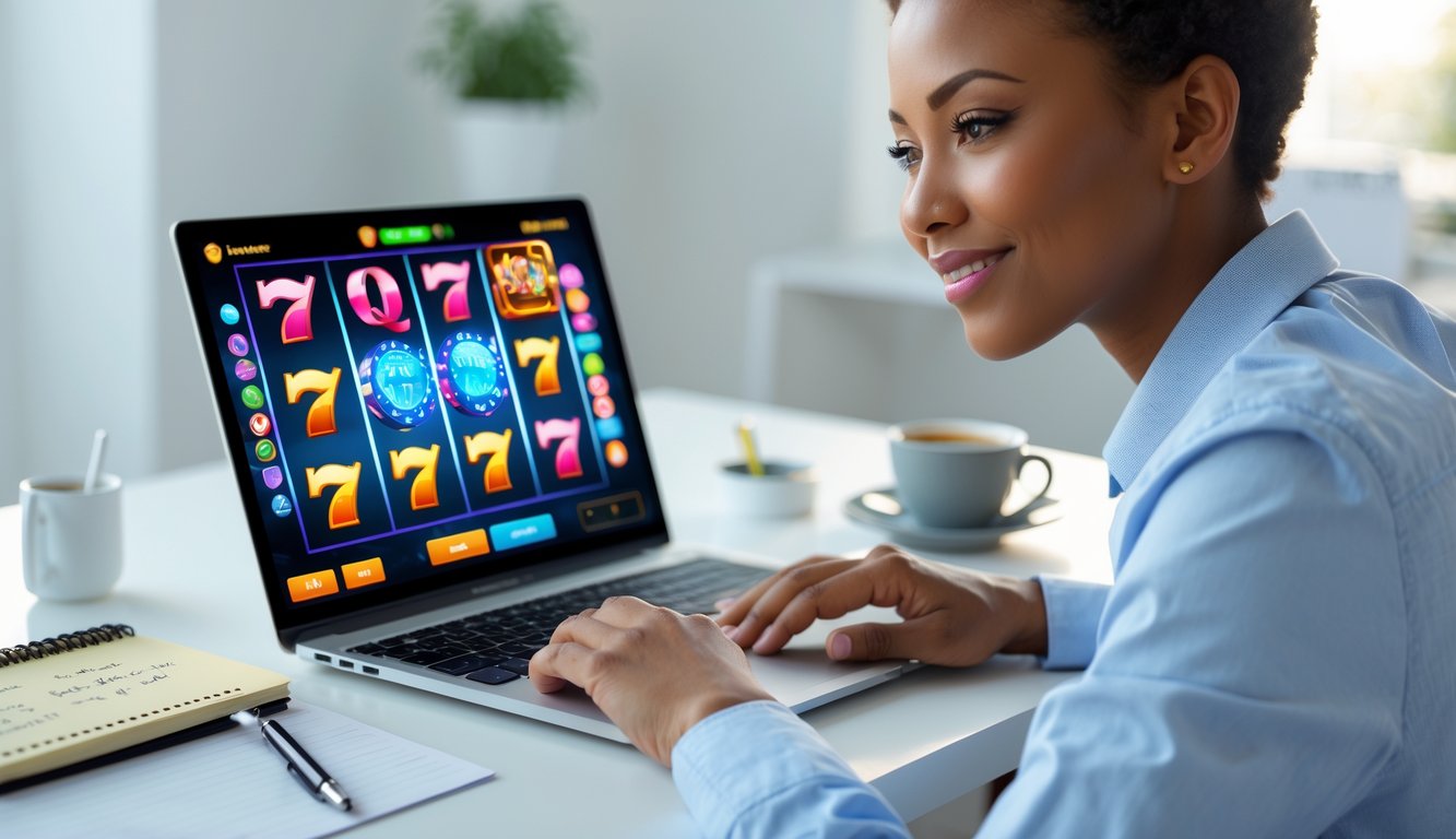 Seseorang duduk di meja dengan laptop bermain permainan slot online, terlihat fokus dan tersenyum di ruang kerja yang terang.