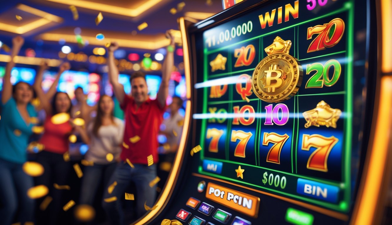 Mesin slot digital dengan layar menampilkan kombinasi kemenangan jackpot, dikelilingi oleh pemain yang terlihat bersemangat.