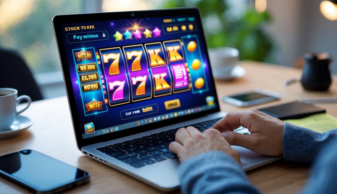 Seseorang menggunakan laptop di meja kerja dengan tampilan permainan slot online yang berwarna-warni.