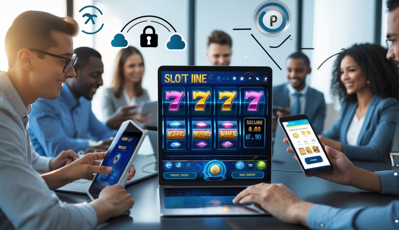 Beberapa orang menggunakan perangkat digital untuk bermain slot online dalam ruangan yang terang dan modern.