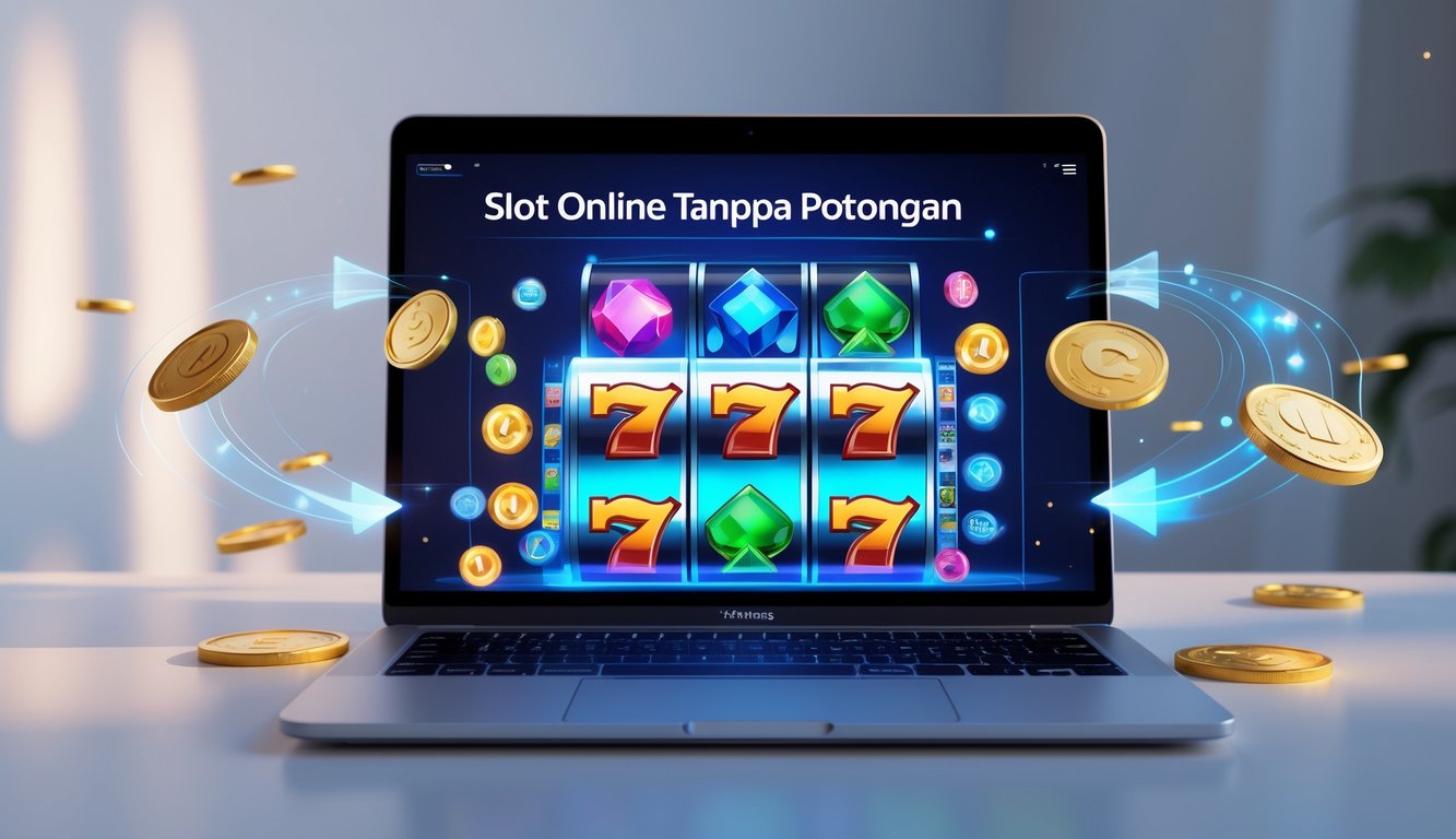 Sebuah laptop menampilkan permainan slot online dengan koin digital mengalir ke dompet elektronik tanpa potongan.