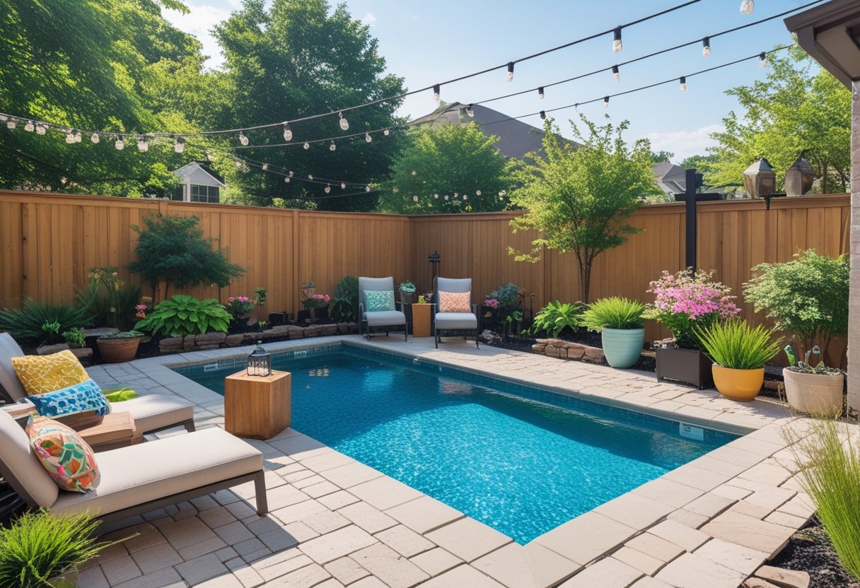 A backyard with a small swimming pool, lounge chairs, green plants, and string lights creating a cozy outdoor space.