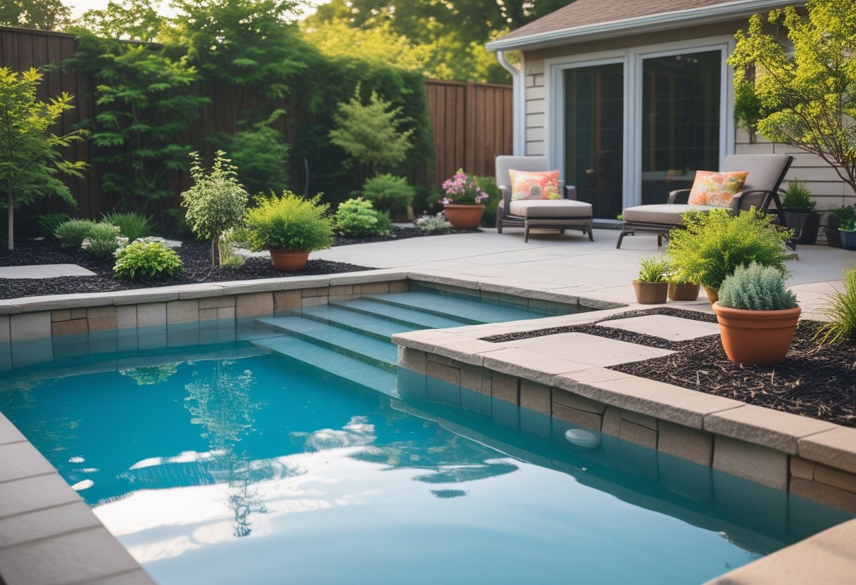 A backyard swimming pool surrounded by simple plants, stone pathways, and outdoor seating, creating a peaceful poolside setting.