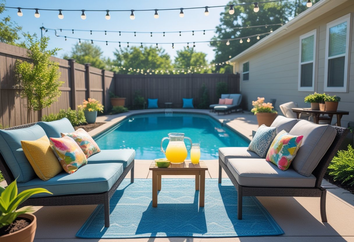 Backyard pool with lounge chairs, a small table with drinks, potted plants, and string lights under a sunny sky.