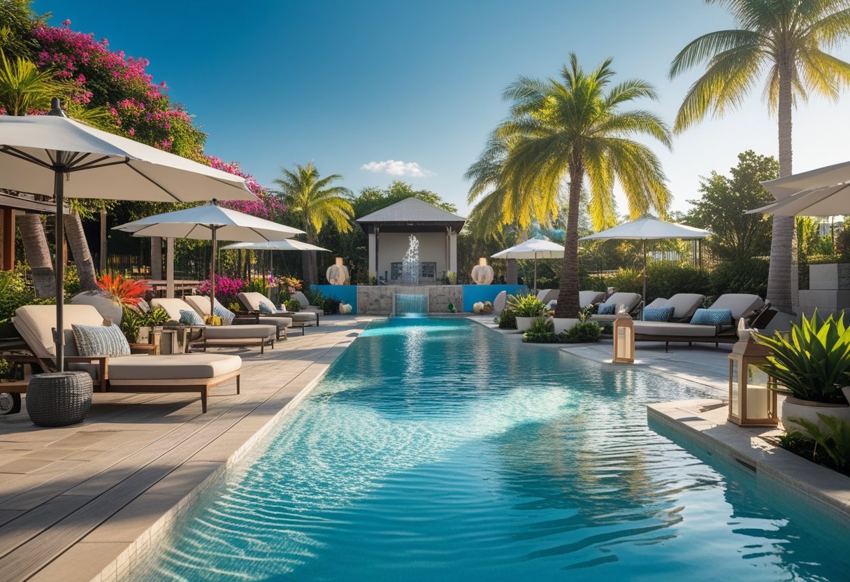 A clear swimming pool surrounded by lounge chairs, umbrellas, palm trees, and decorative plants under a sunny sky.