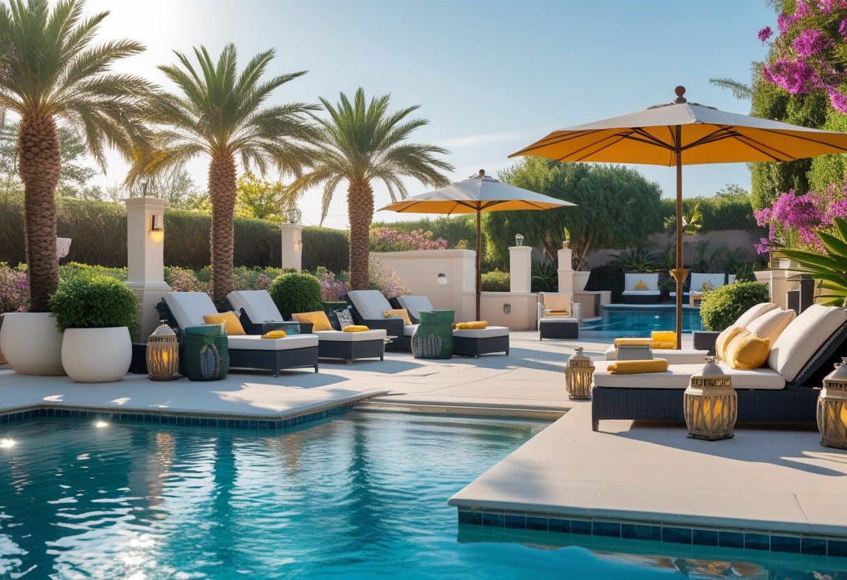 A luxurious poolside area with comfortable lounge chairs, umbrellas, and plants surrounding a clear swimming pool.