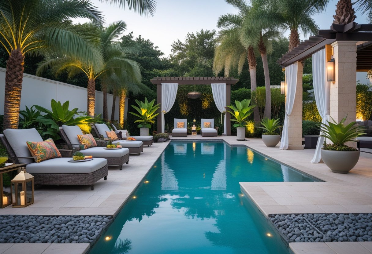 A luxurious outdoor pool area with lounge chairs, tropical plants, and decorative accents creating a relaxing resort-like atmosphere.