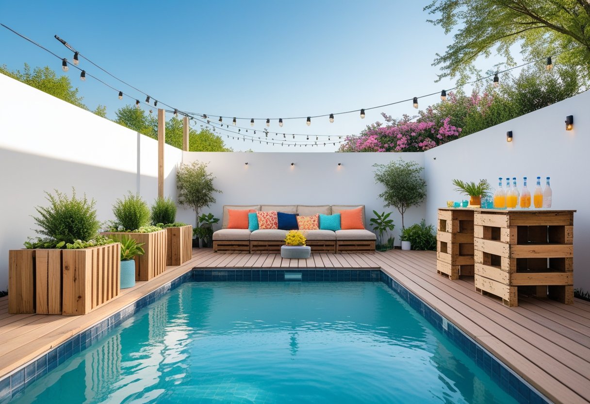 Outdoor pool area with wooden deck, handmade planters, string lights, and cozy seating under a clear sky.
