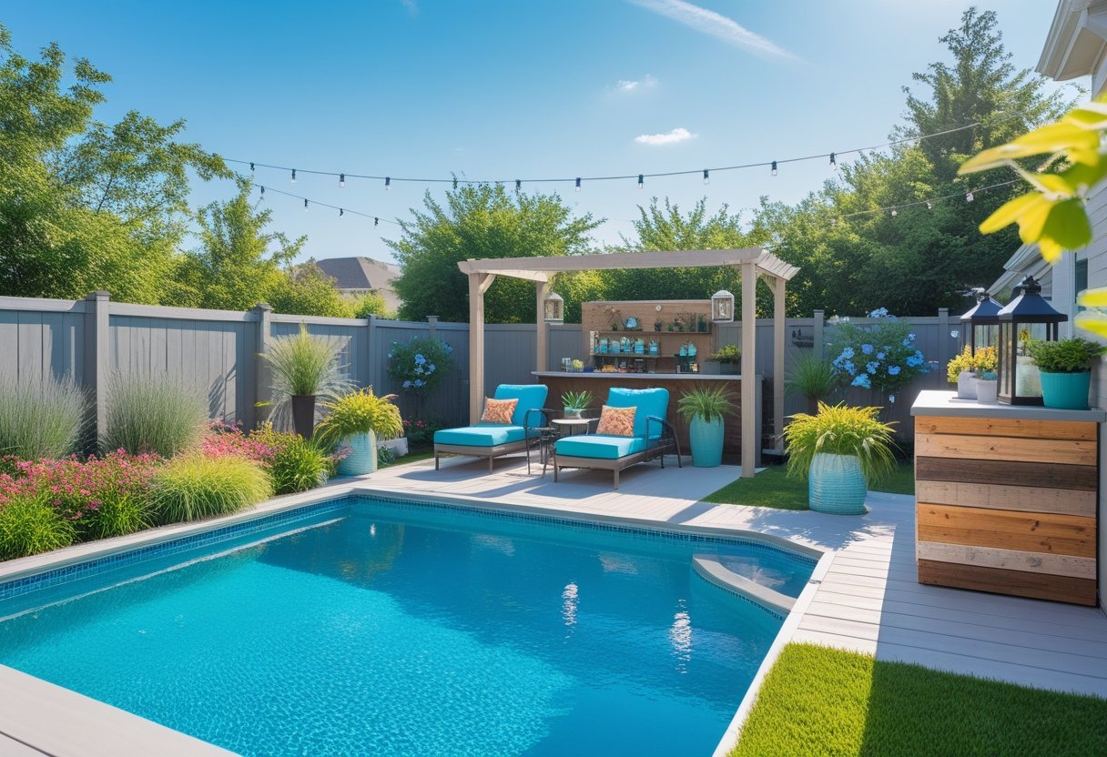 A backyard swimming pool with wooden decking, lounge chairs, string lights, plants, and a small poolside bar under a clear sunny sky.