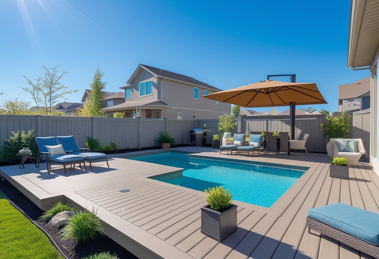 A backyard with a wooden deck surrounding a clean outdoor swimming pool, surrounded by green grass and plants on a sunny day.
