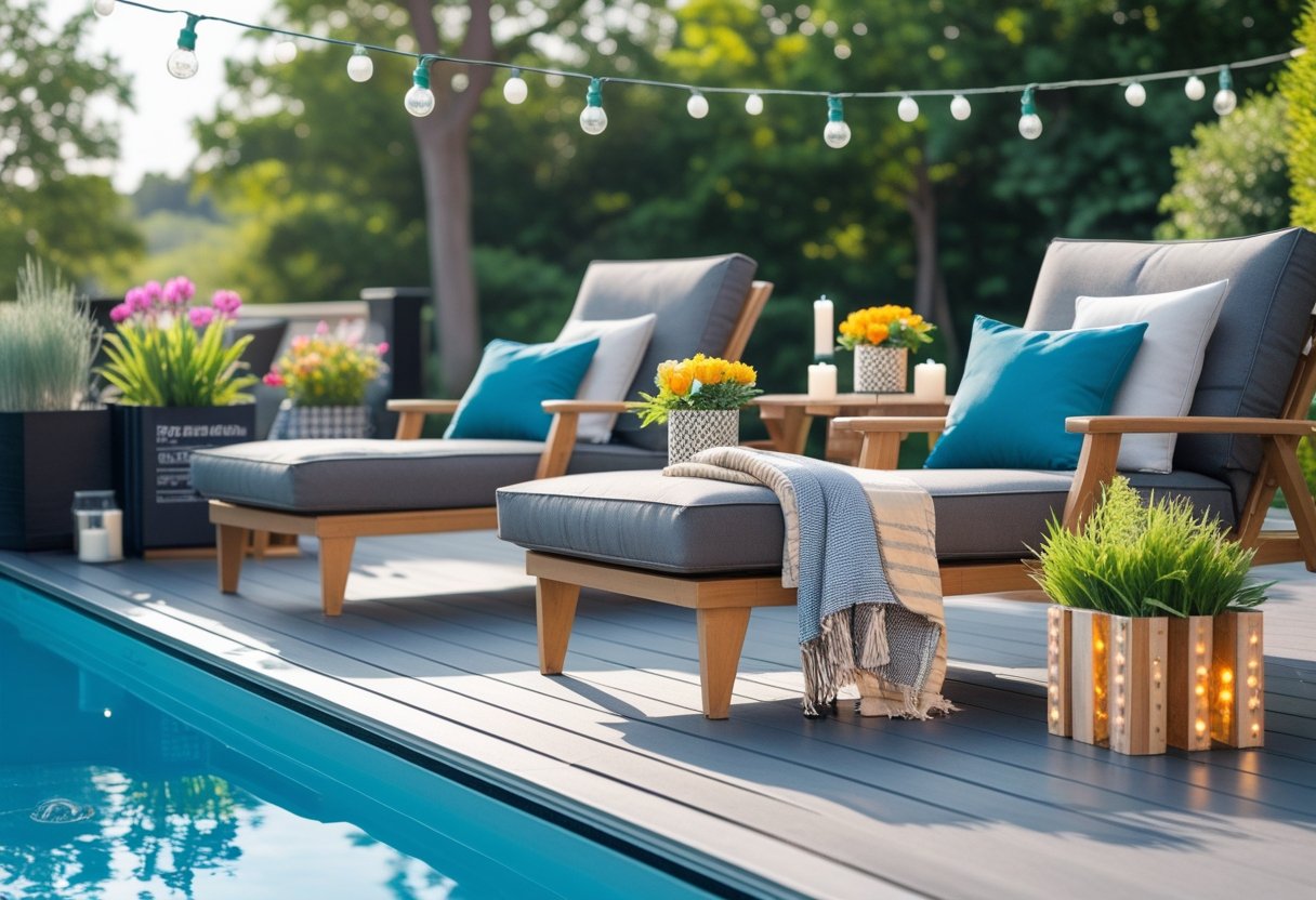 An outdoor pool area with lounge chairs, cushions, plants, and string lights on a wooden deck surrounded by greenery.
