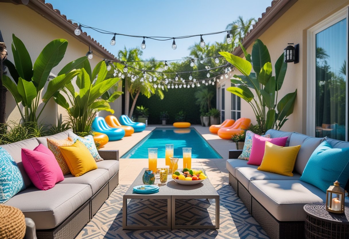 Outdoor patio next to a swimming pool with seating, plants, and summer decorations.
