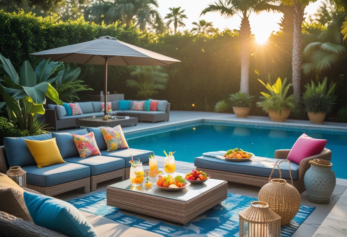 A sunny poolside patio with lounge chairs, a sectional sofa, a coffee table with drinks and fruit, surrounded by plants and a swimming pool.