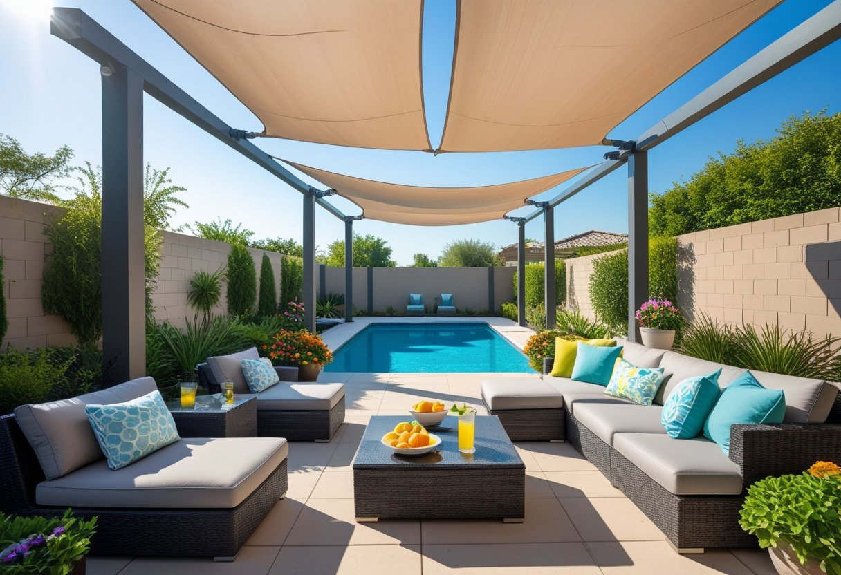 A backyard patio with shaded seating, lounge chairs, plants, and a swimming pool on a sunny day.