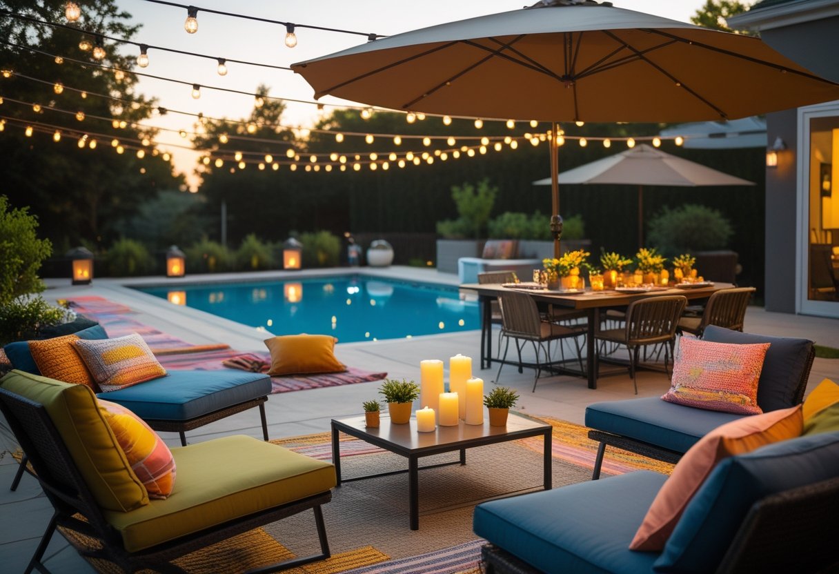 Outdoor patio next to a swimming pool with lounge chairs, string lights, and a dining table set for a summer gathering.