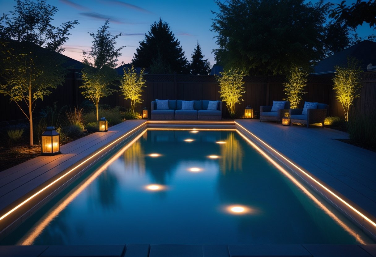 A backyard swimming pool at dusk lit by soft ambient lights with floating pool lights, garden spotlights, and outdoor seating around the pool.