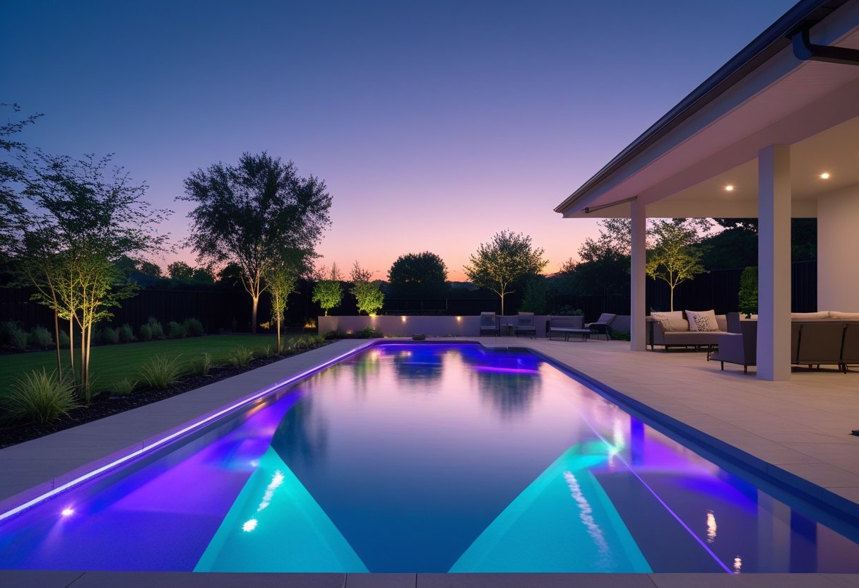 A backyard swimming pool illuminated by colorful LED lights at dusk with surrounding patio and greenery.